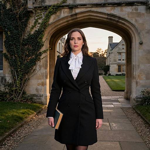 Confident Woman in Formal Attire Holding Book by Historic Stone Archway