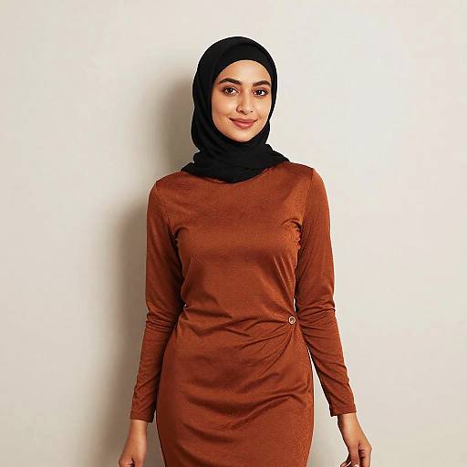 Elegant Woman Wearing Black Hijab and Rust-Colored Modest Dress