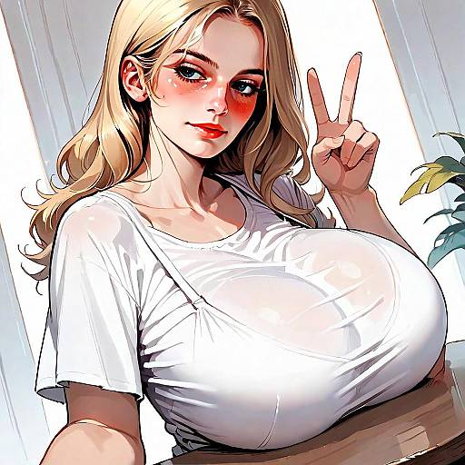 Anime Style Blonde Woman Peace Sign Digital Art