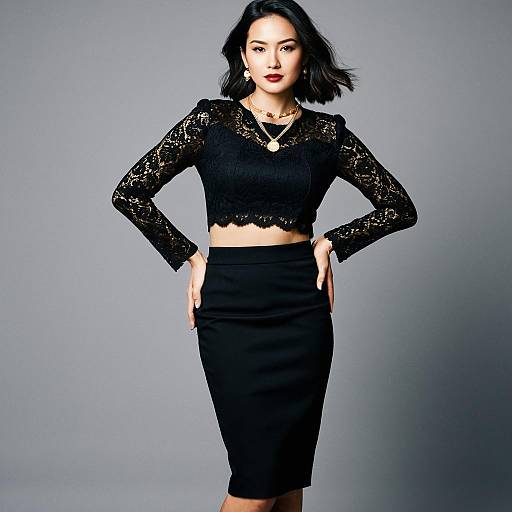 Stylish Woman in Black Lace Crop Top and Pencil Skirt Fashion Portrait