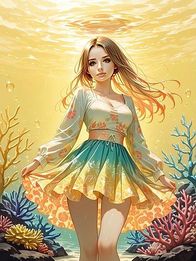 Realistic Digital Art of Woman in Long Sleeve Tropical Print Swimsuit Underwater