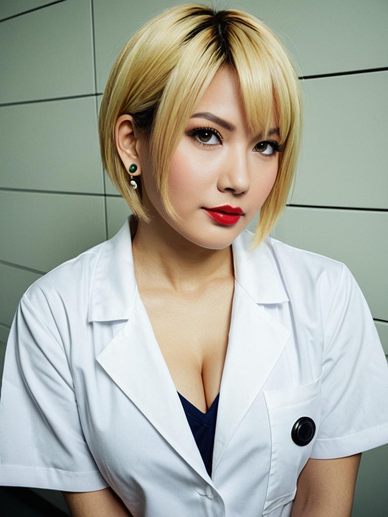 Blonde Woman in White Lab Coat with Red Lipstick Portrait