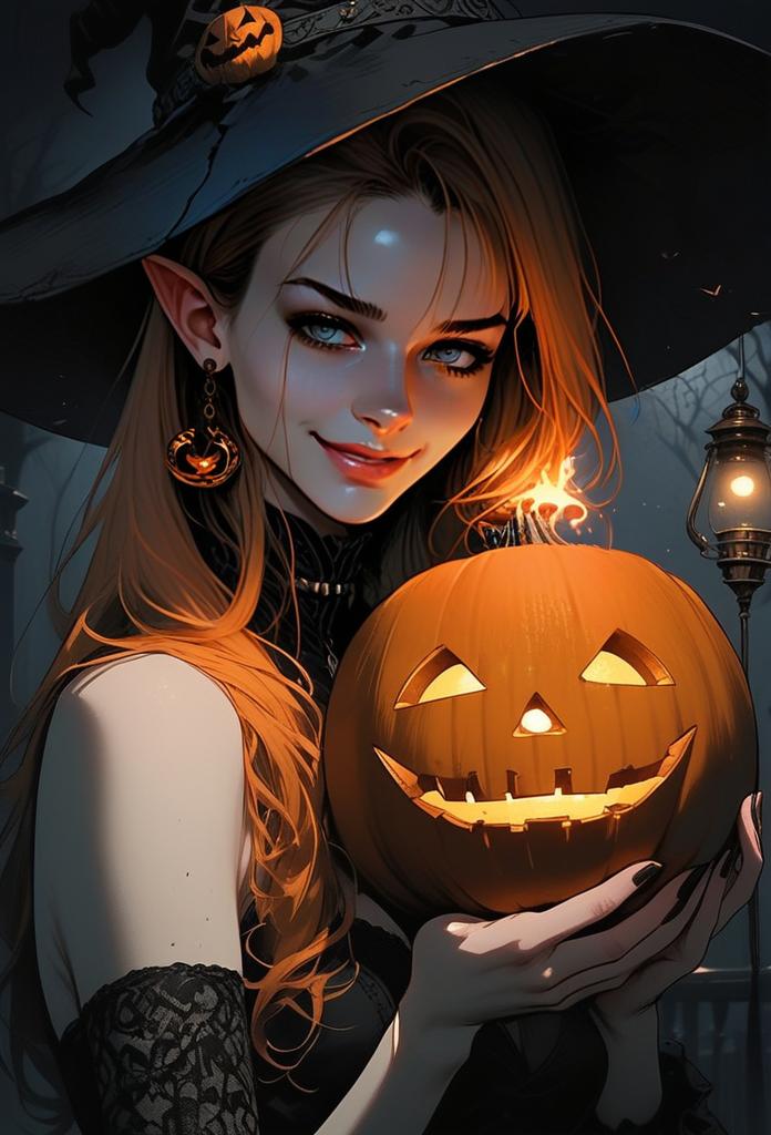 Witch with Pumpkin in Enchanting Halloween Scene Witch with Pumpkin in Enchanting Halloween Scene
