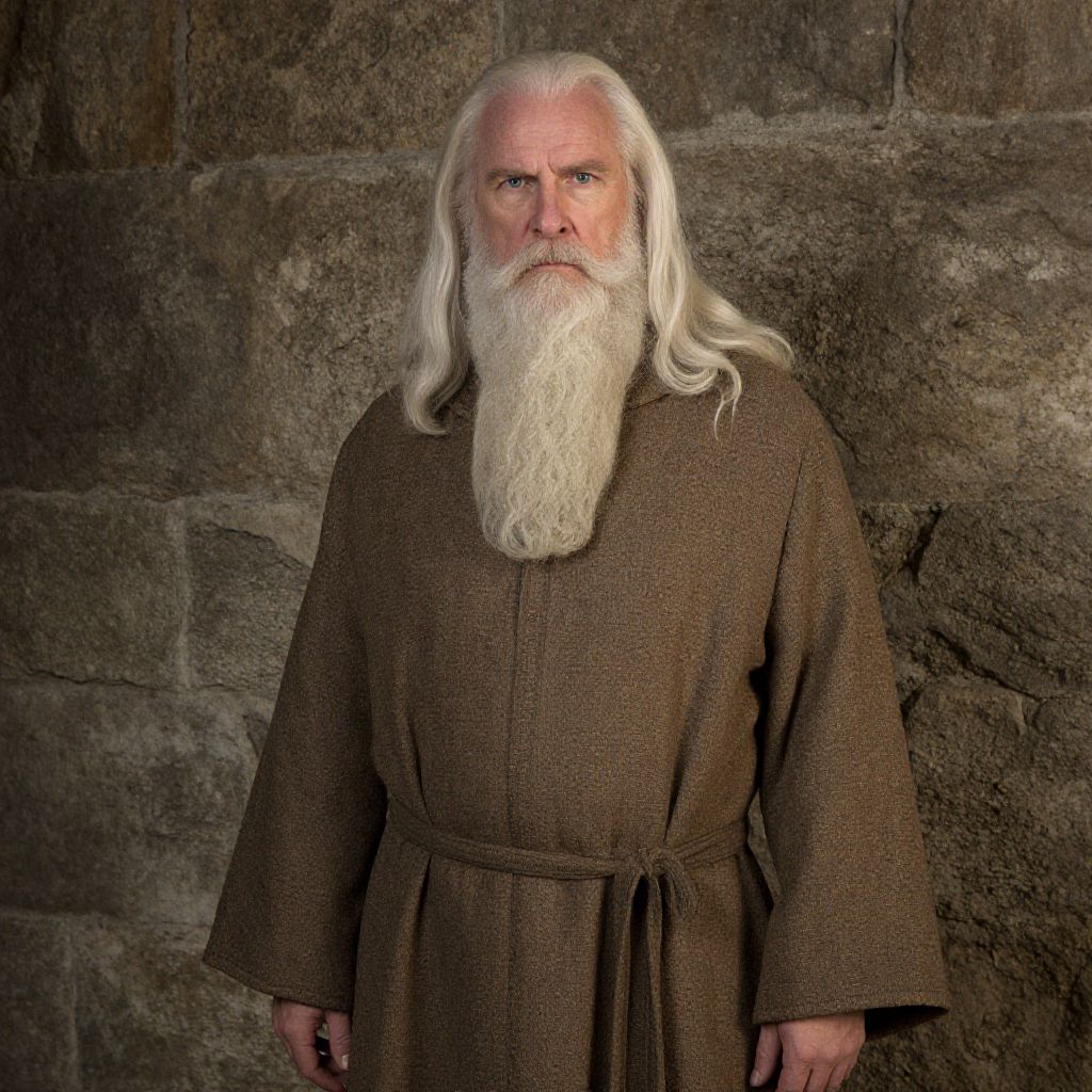 Elderly Man with Long White Beard in Brown Medieval-Style Robe Against Stone Wall