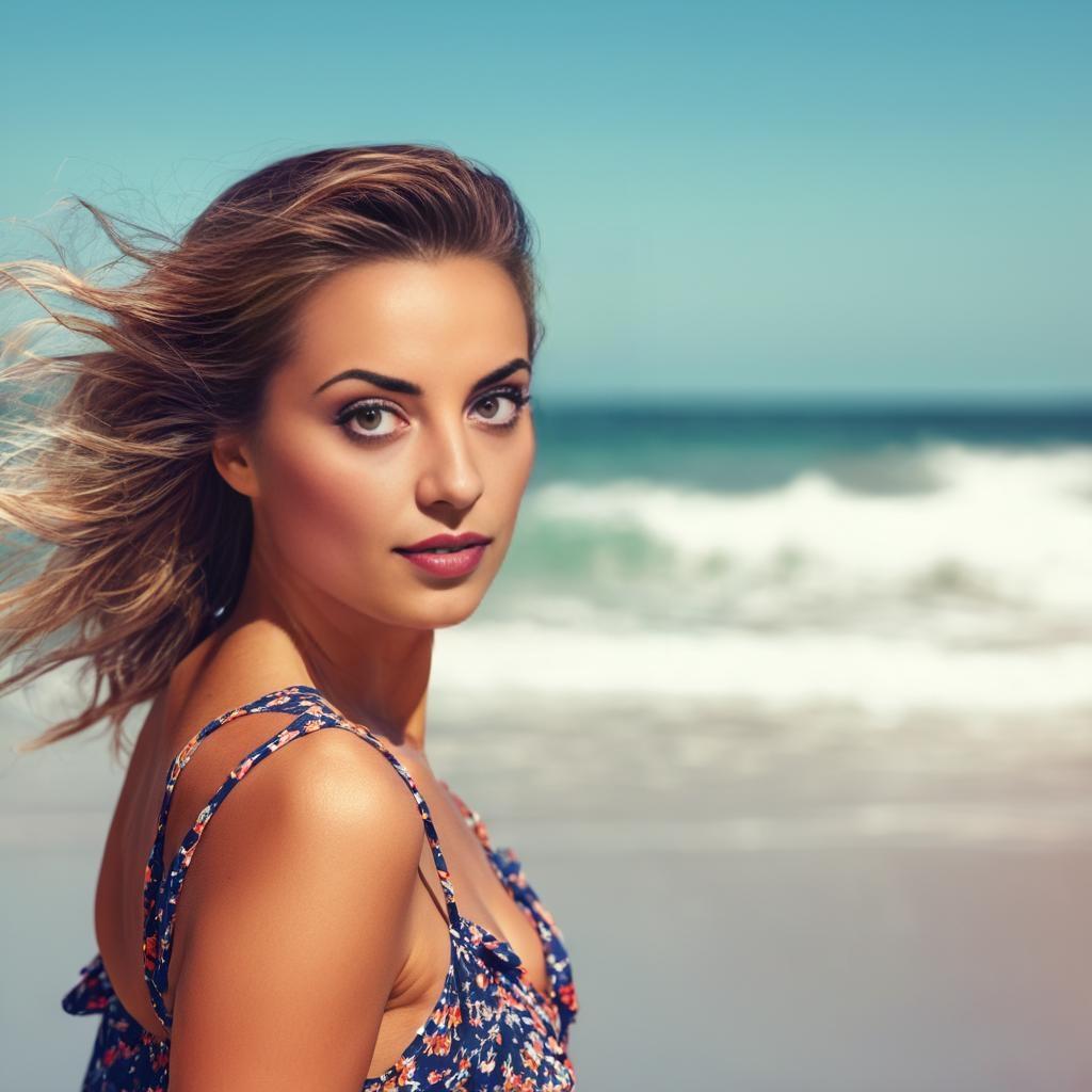 Woman on Beach with Wind-Swept Hair