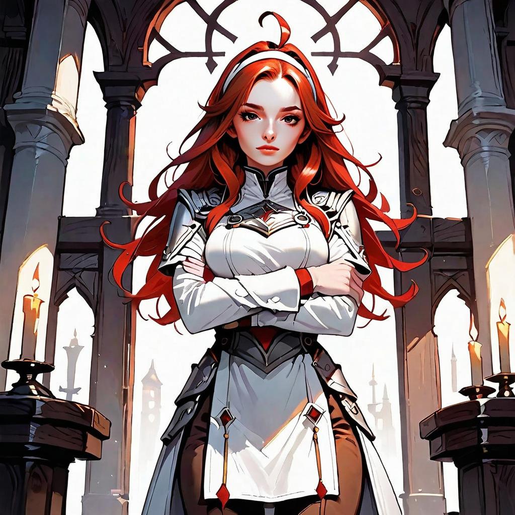 Confident Red-Haired Woman in Fantasy Armor Gothic Cathedral Digital Art