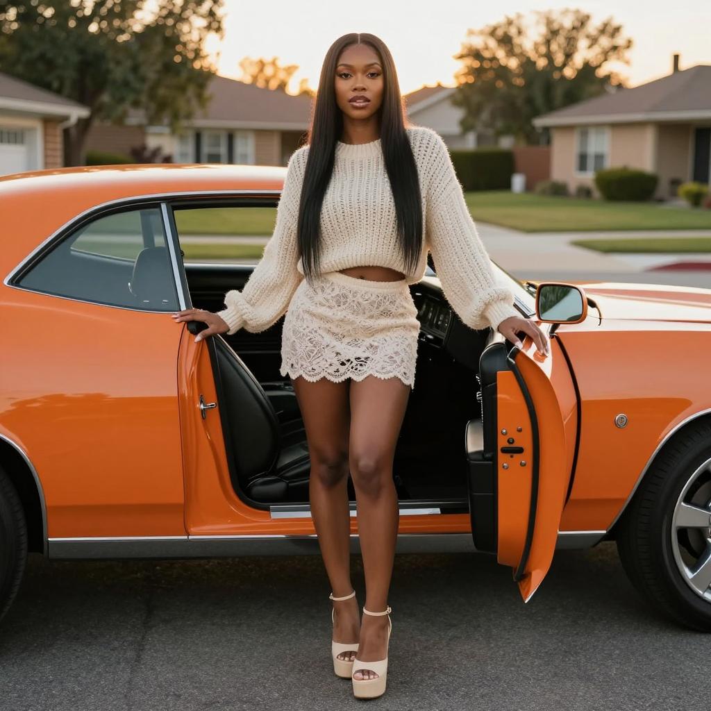 Young Woman in Trendy Outfit with Vintage Orange Muscle Car