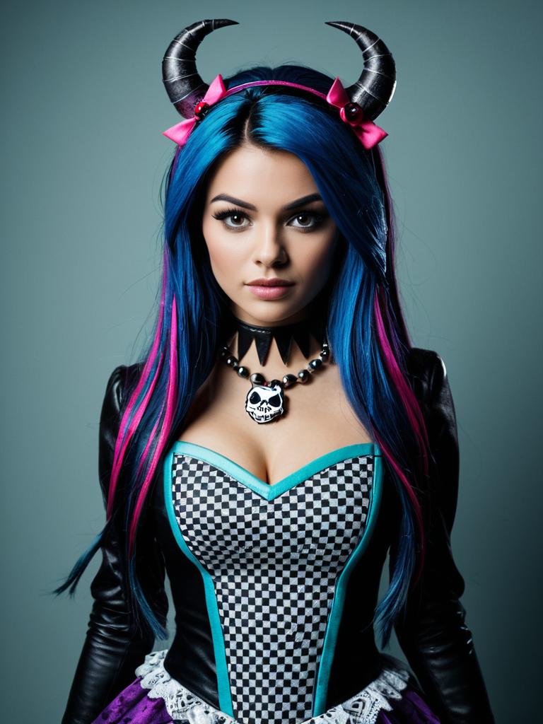 Woman in Monster High Costume with Blue Hair and Horned Headband Cosplay Portrait