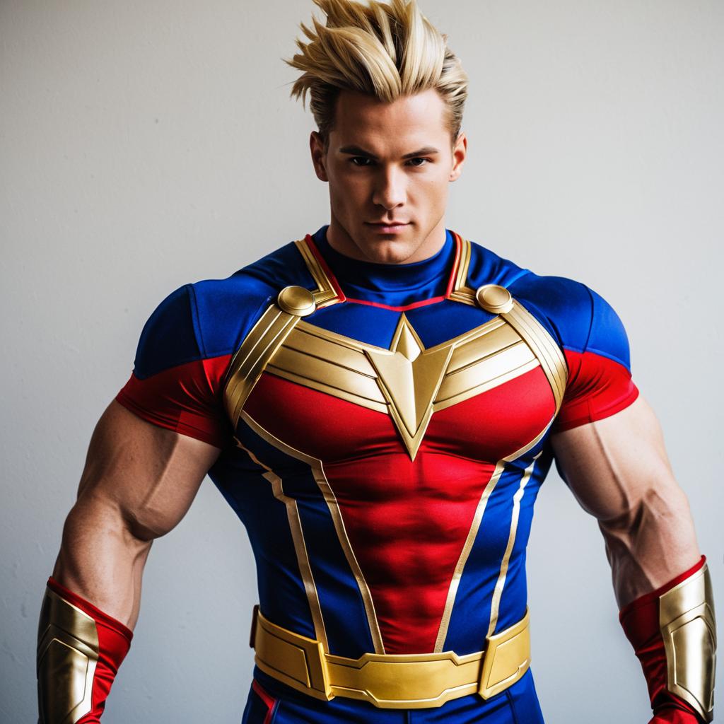 Realistic All Might Superhero Costume Portrait with Muscular Man
