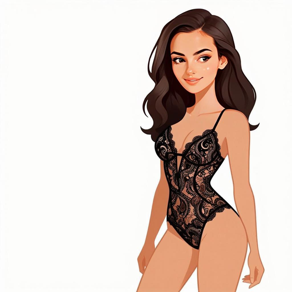 Woman with Pretty Face and Hair in Black Lace Boudoir Lingerie Illustration