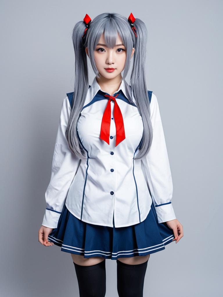 Hakase Fuyuki Cosplay in Japanese School Uniform with Silver Twin-Tails