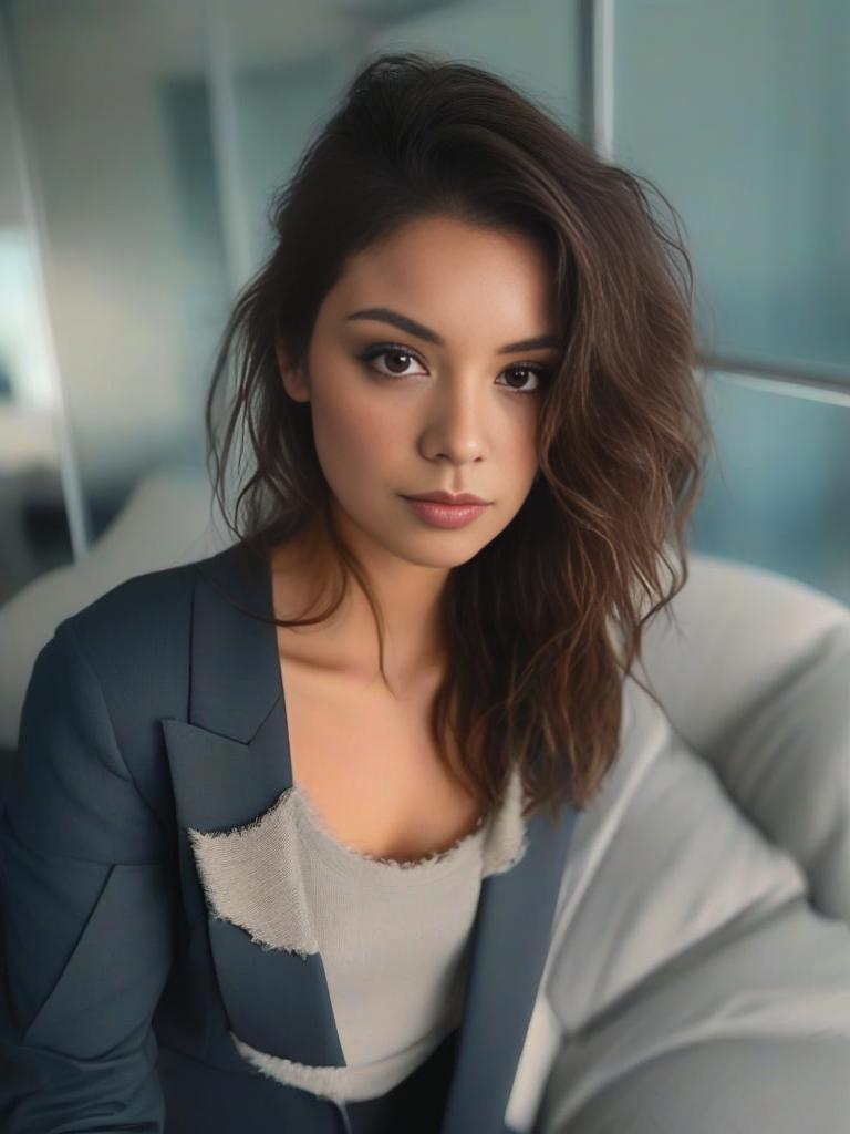 Young Woman in Stylish Blue Blazer