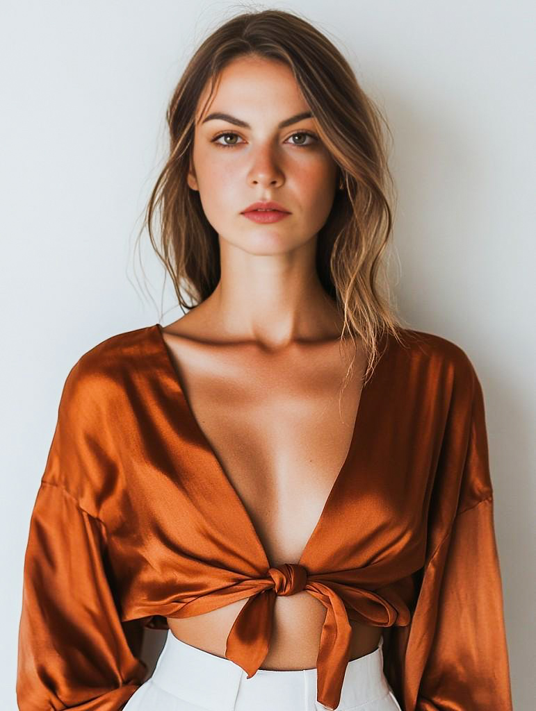 Striking Woman in Luxurious Bronze Satin Top