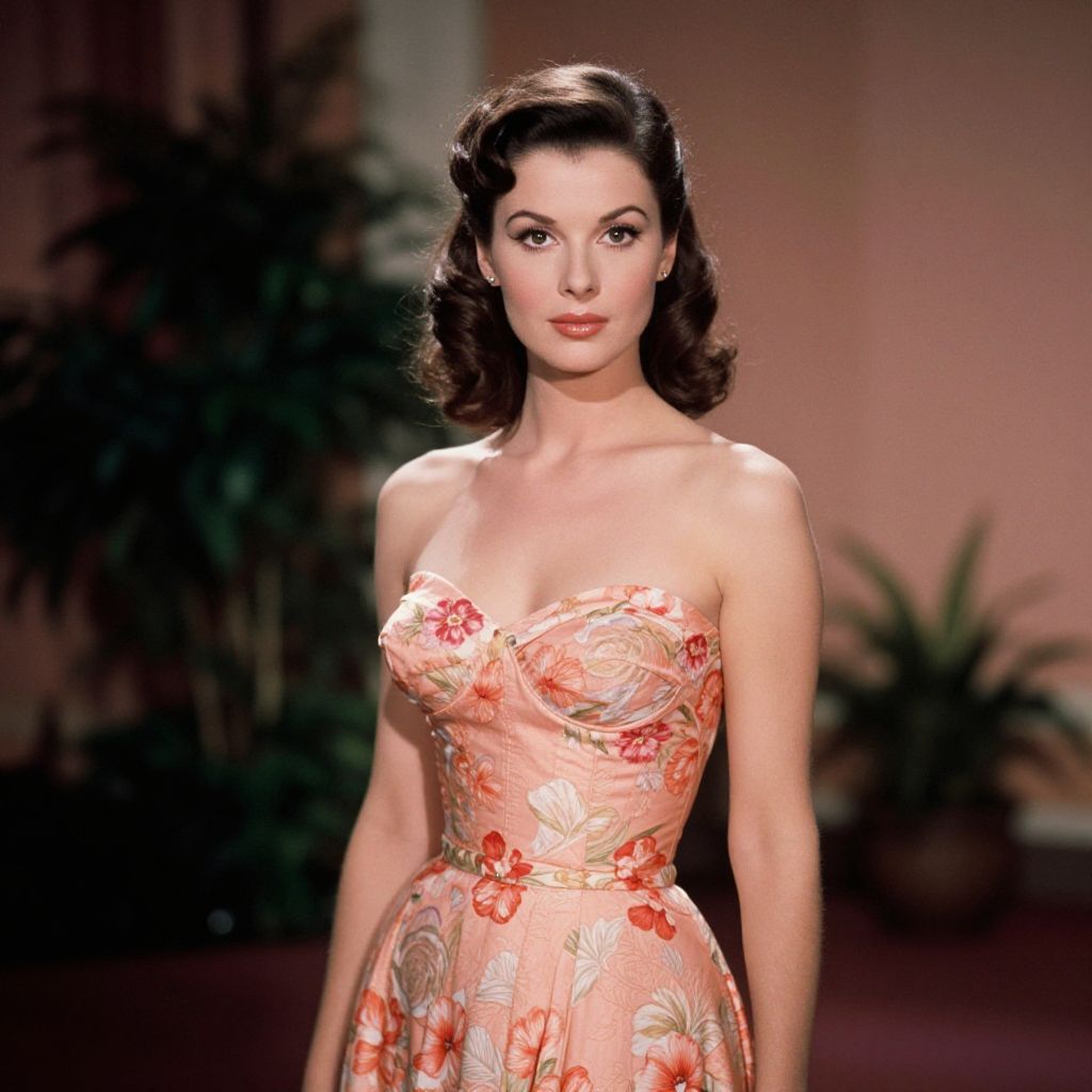 Elegant Woman in Vintage Floral Strapless Dress