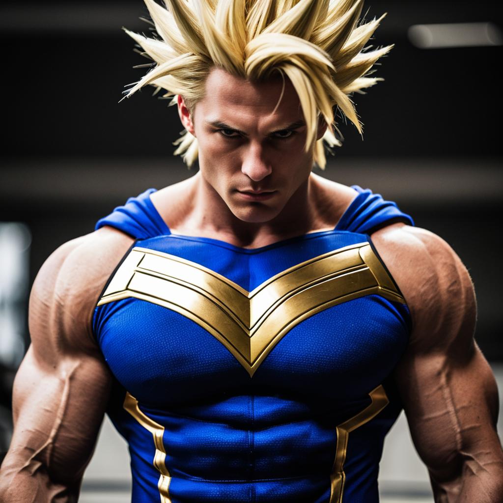 Muscular Man in Blue and Gold Superhero Costume with Spiky Blonde Hair
