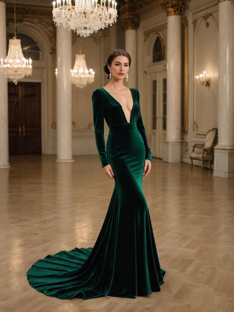 Elegant Woman in Green Velvet Gown