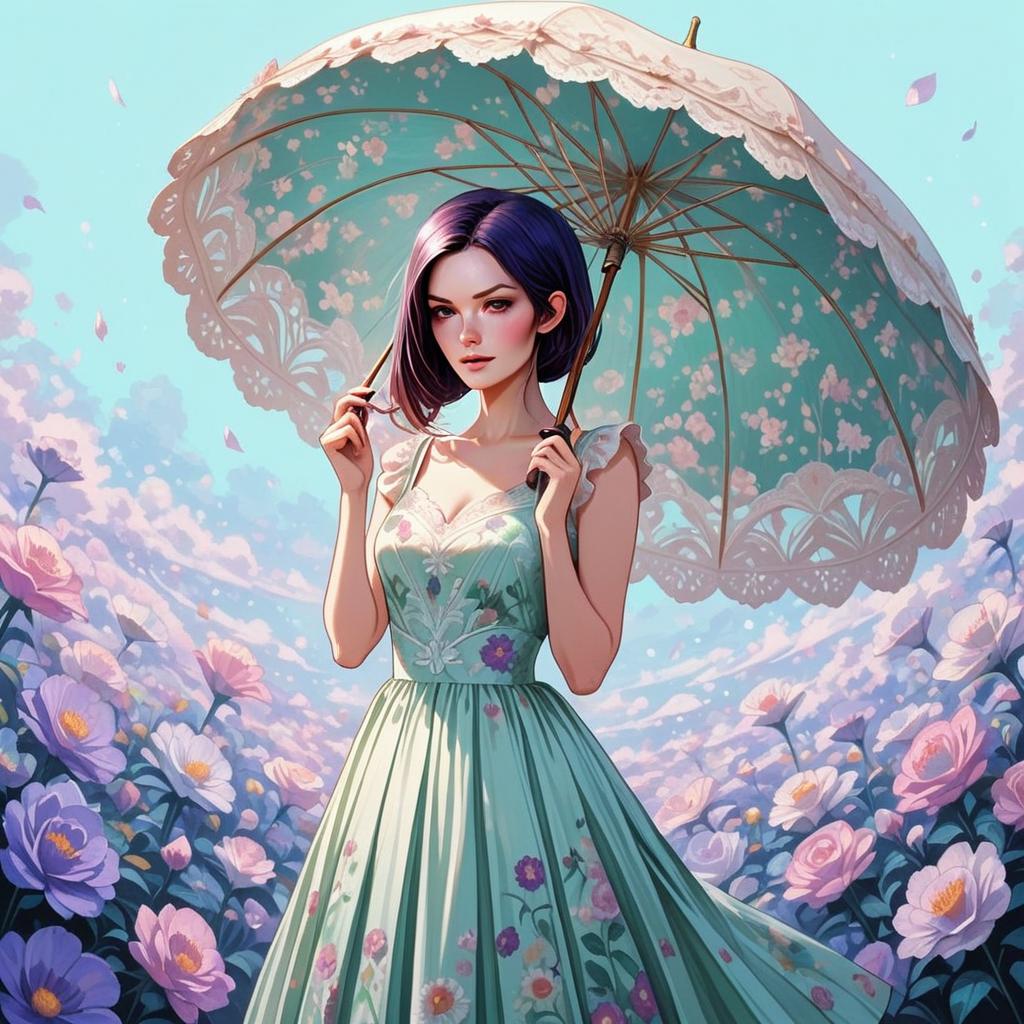 Young Woman in Floral Field with Parasol
