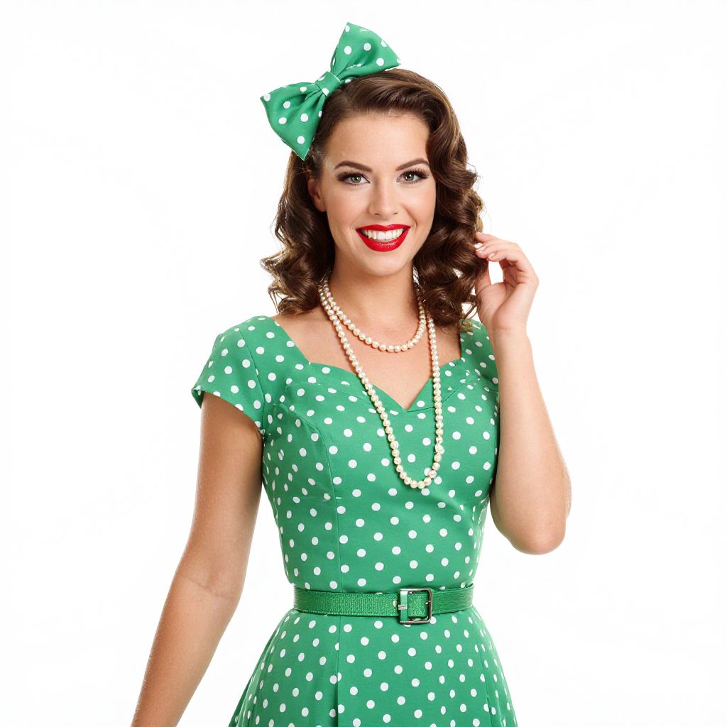Vintage 1950s Polka Dot Green Dress Woman with Pearls and Bow