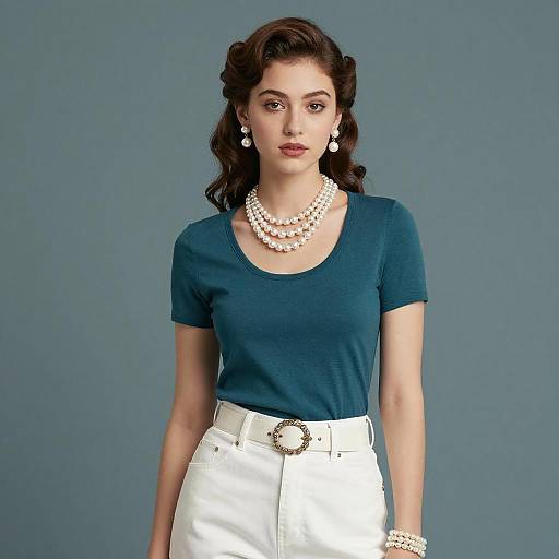 Elegant Woman in Teal Top and White Pants with Pearl Accessories