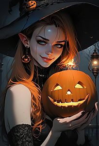 Witch with Pumpkin in Enchanting Halloween Scene