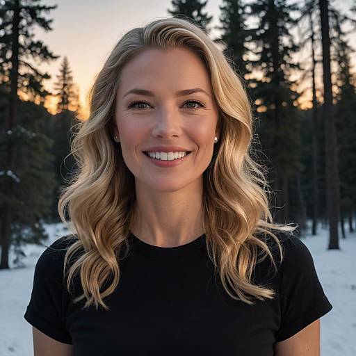 Smiling Blonde Woman in Black T-Shirt Outdoors in Snowy Forest at Sunset