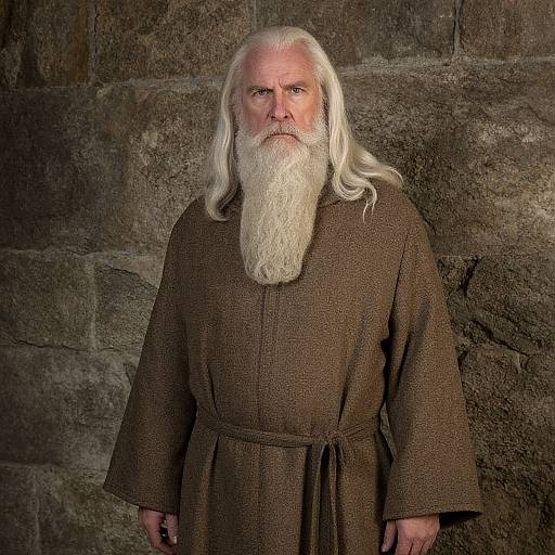 Elderly Man with Long White Beard in Brown Medieval-Style Robe Against Stone Wall