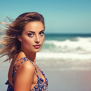 Woman on Beach with Wind-Swept Hair