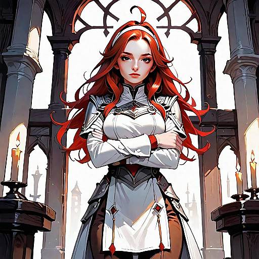 Confident Red-Haired Woman in Fantasy Armor Gothic Cathedral Digital Art