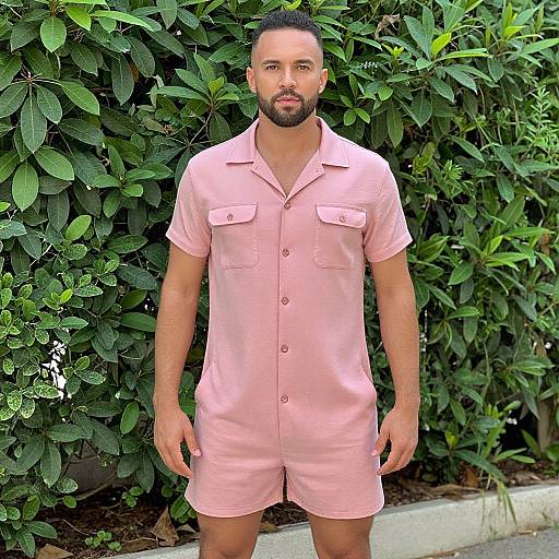 Man Wearing Pink Romper Standing Outdoors in Greenery