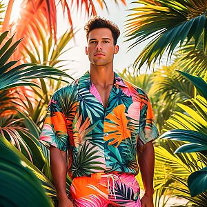 Young Man in Tropical Outfit Surrounded by Foliage