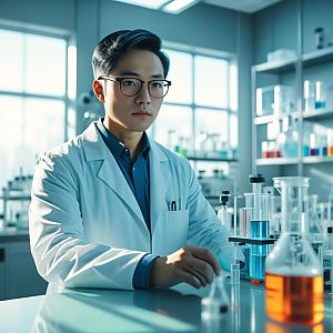 Scientist in Modern Laboratory Conducting Research with Chemical Solutions