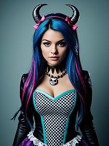 Woman in Monster High Costume with Blue Hair and Horned Headband Cosplay Portrait