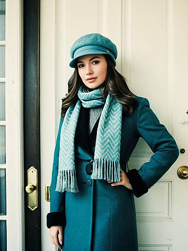 Winter Professional Costume Woman Wearing a Hat and Scarf Standing Indoors