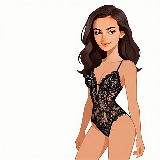 Woman with Pretty Face and Hair in Black Lace Boudoir Lingerie Illustration