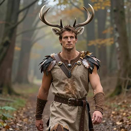 Man in Fantasy Warrior Costume with Antlers in Forest