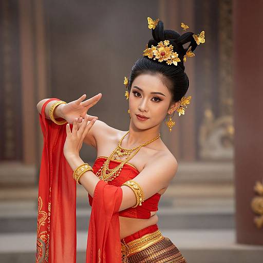 Traditional Southeast Asian Woman in Red and Gold Dance Costume