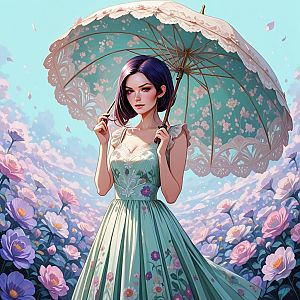 Young Woman in Floral Field with Parasol