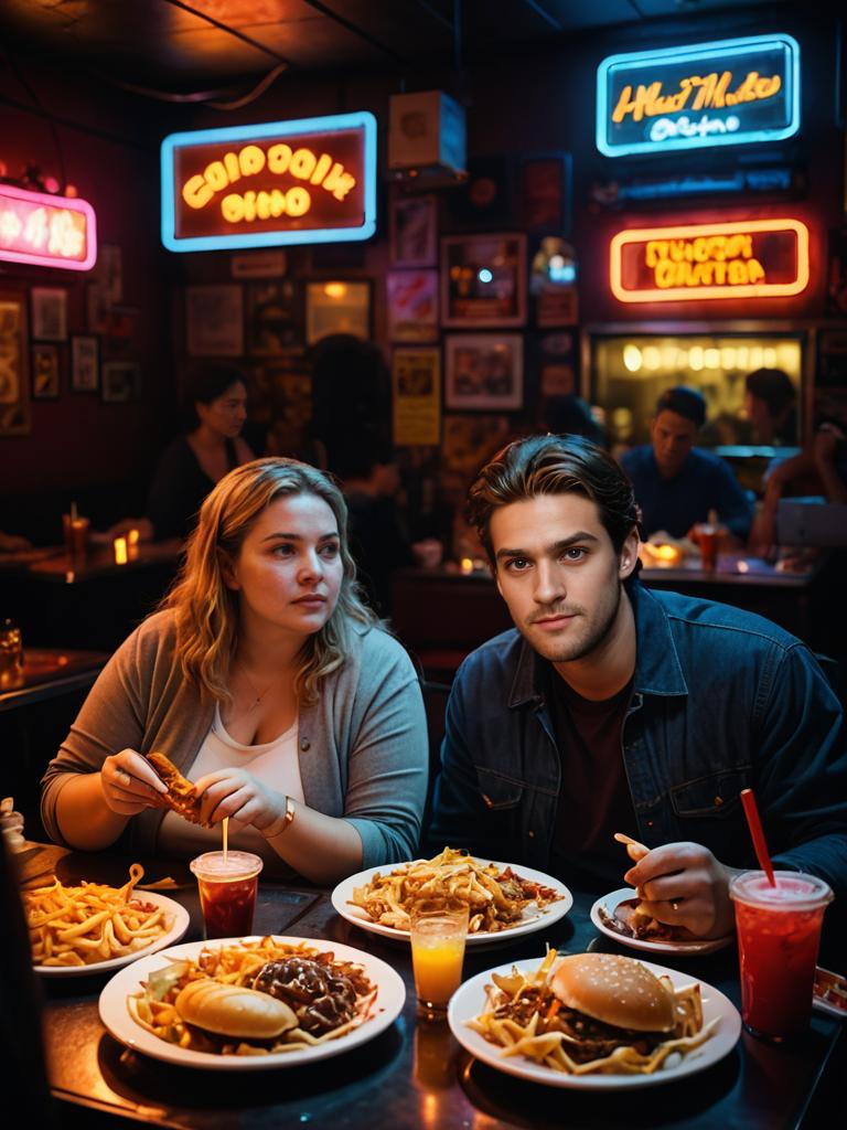 Young Couple Casual Dining with Unhealthy Food