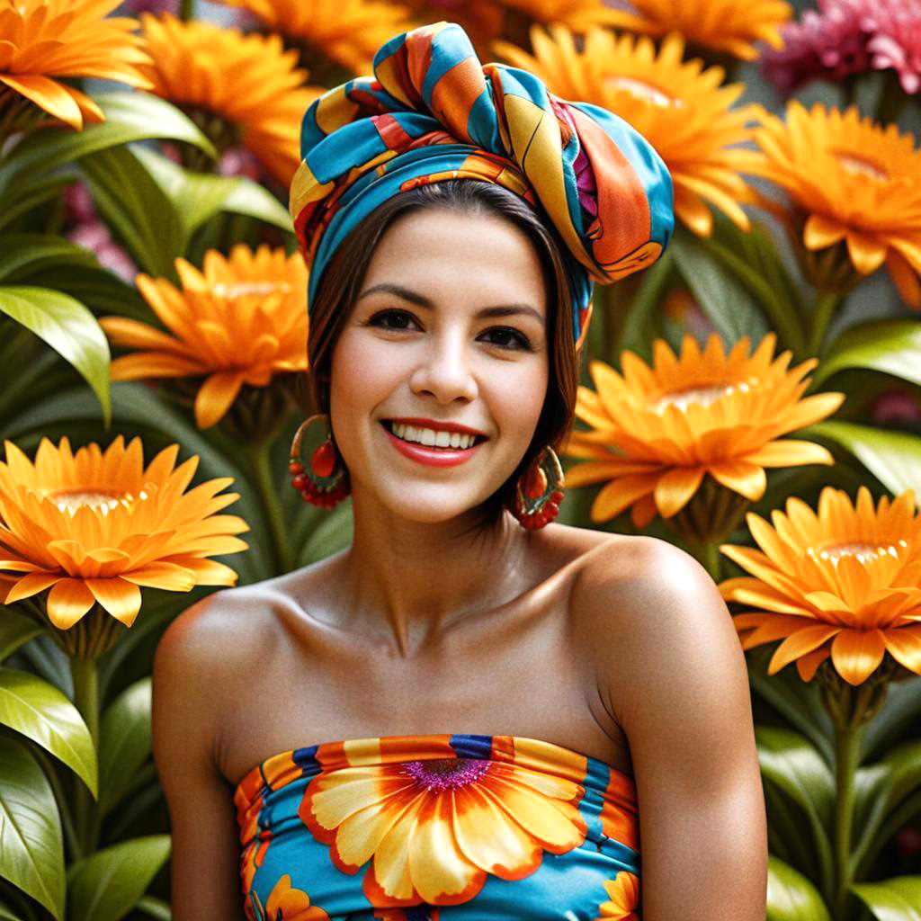 Woman in Colorful Outfit Surrounded by Yellow Flowers