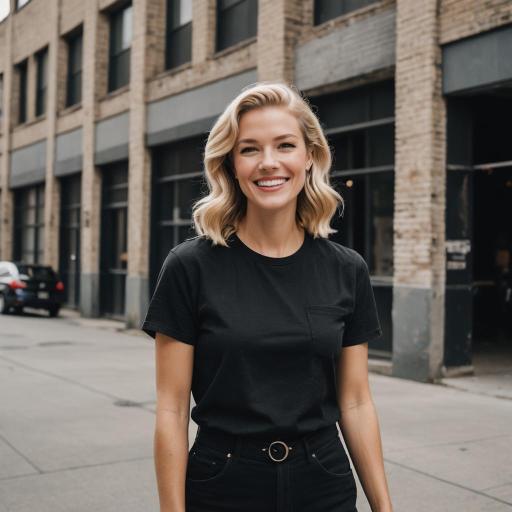 Smiling Young Woman in Black T-Shirt on Urban Street