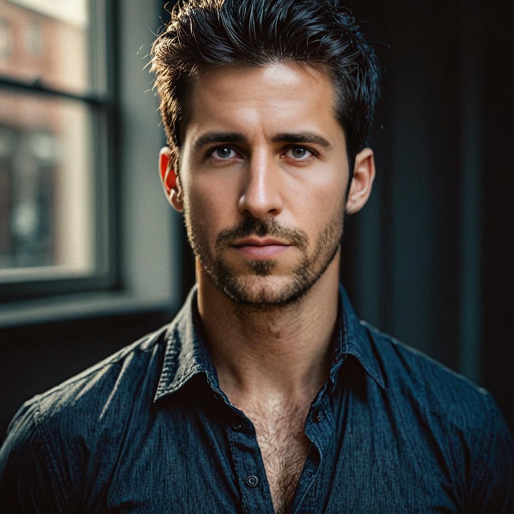 Handsome man with intense gaze in casual dark shirt