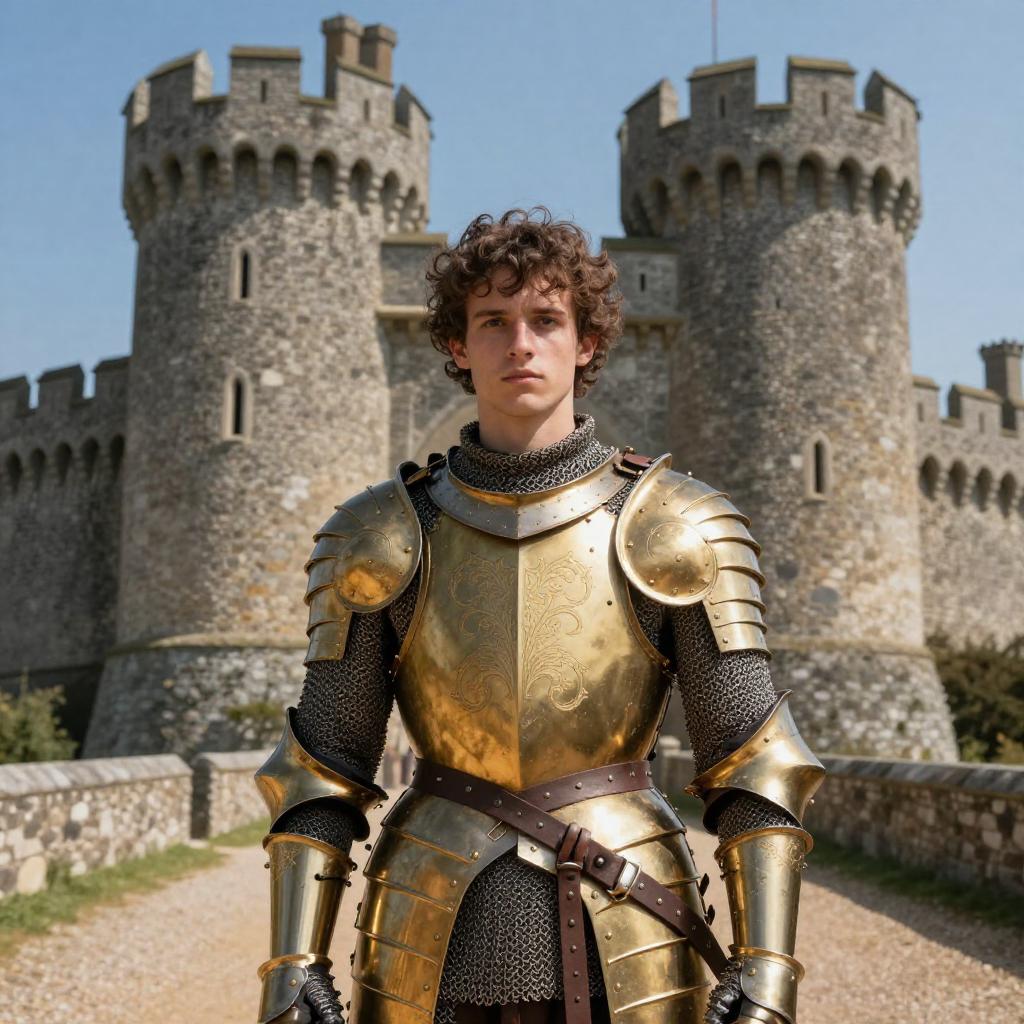 Young Man in Golden Knight Armor Standing at Castle Entrance