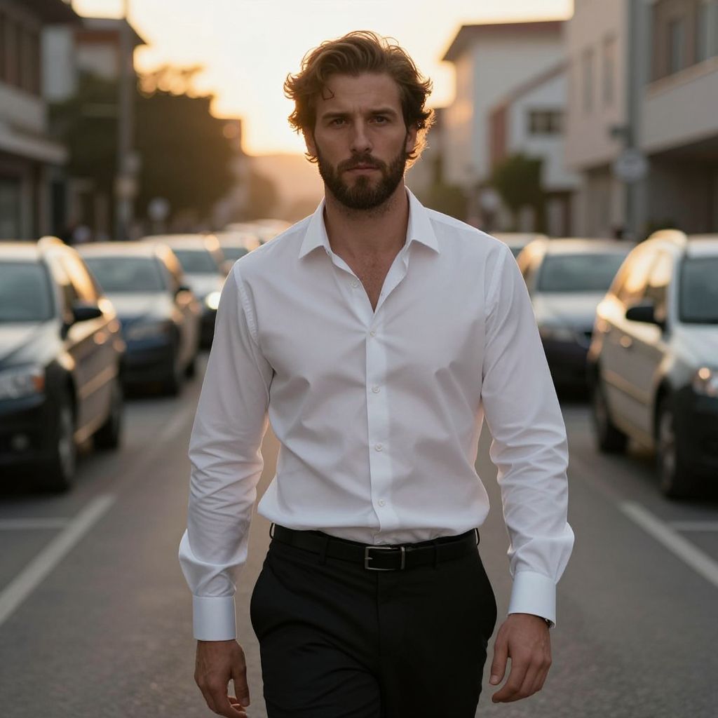 Confident Man Walking on City Street at Sunset in White Shirt