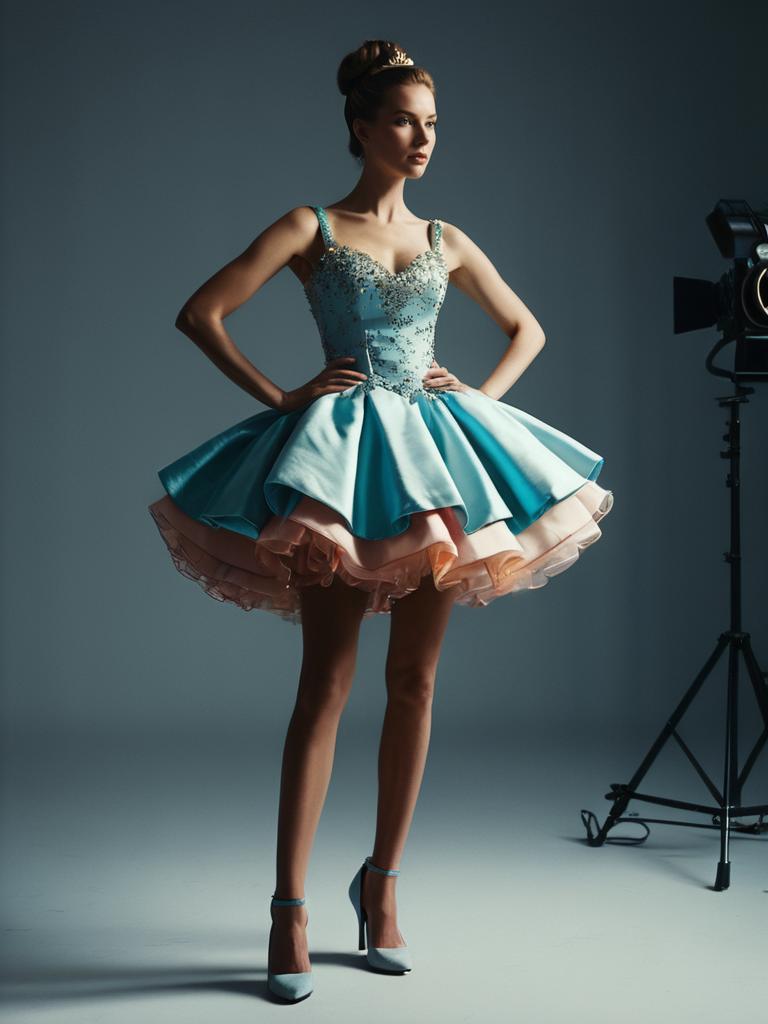 Woman in Stylish Mini Ball Gown with Cinematic Realism Portrait