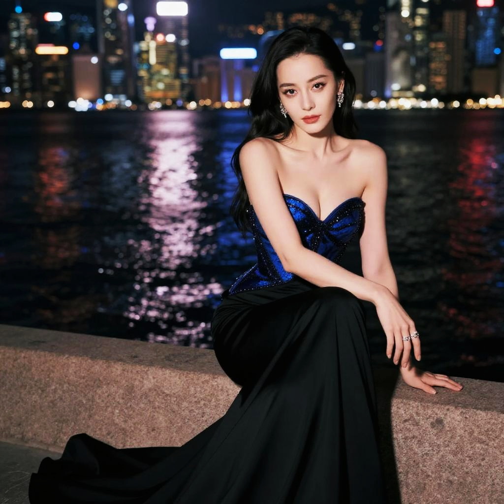 Elegant Woman by Night Waterfront Cityscape in Blue Corset Dress