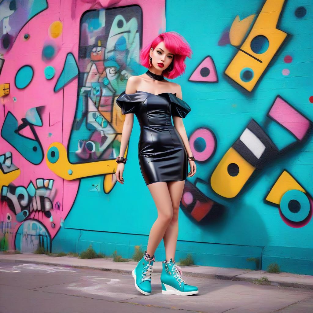 Stylish Woman with Pink Hair in Leather Dress and Wedge Sneakers Stylish Woman with Pink Hair in Leather Dress and Wedge Sneakers