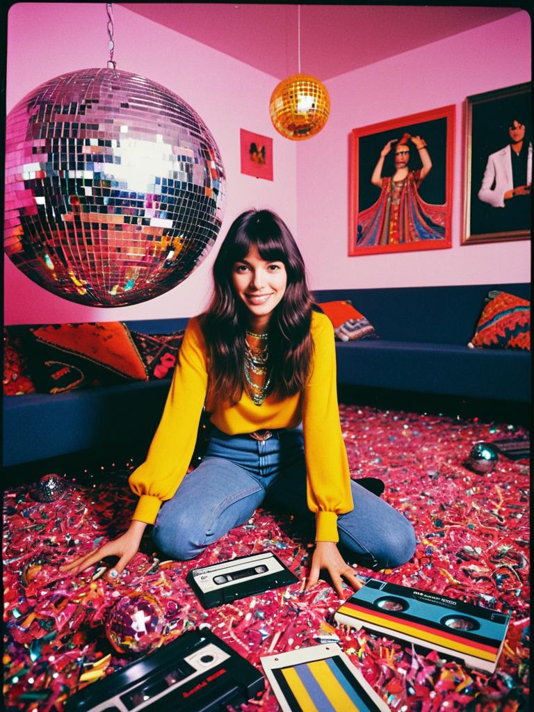 Young Woman in Retro 70s Style Room with Cassette Tapes and Disco Balls