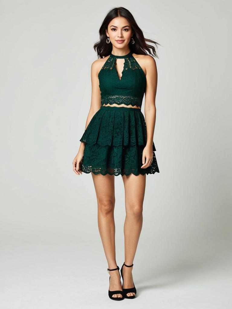 Woman in Forest Green Lace Halter Cocktail Dress
