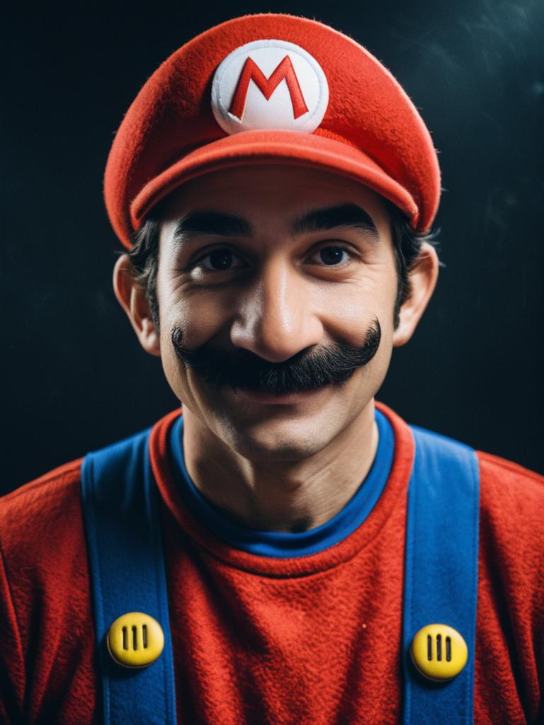 Photorealistic Man in Mario Costume Cinematic Portrait