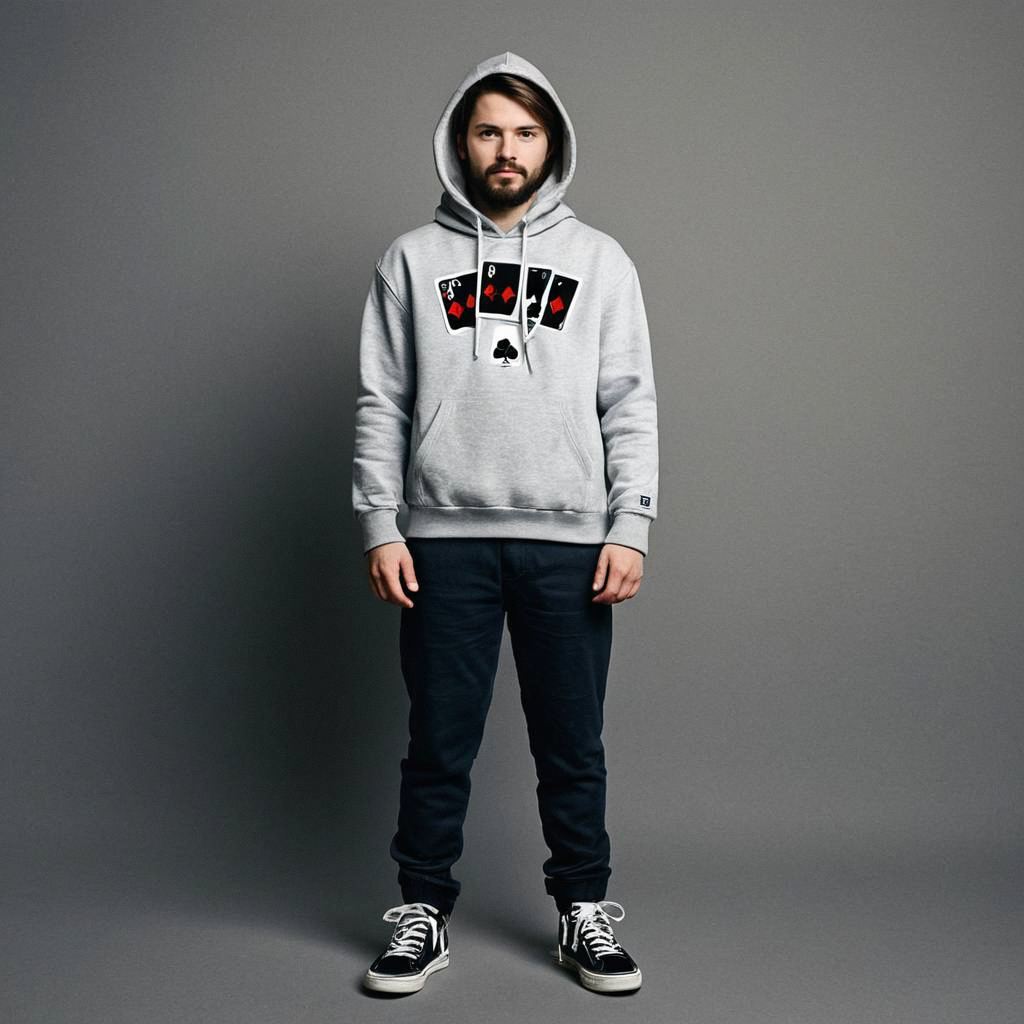 Man in Gray Hoodie with Playing Cards Graphic Man in Gray Hoodie with Playing Cards Graphic